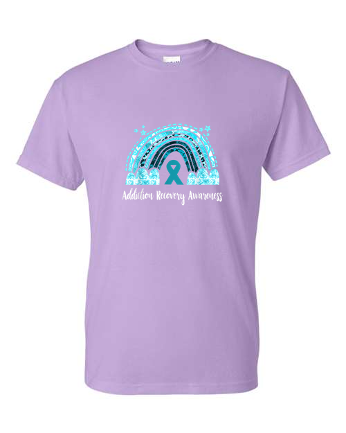 Addiction Recovery T-Shirt With Rainbow and Ribbon on it